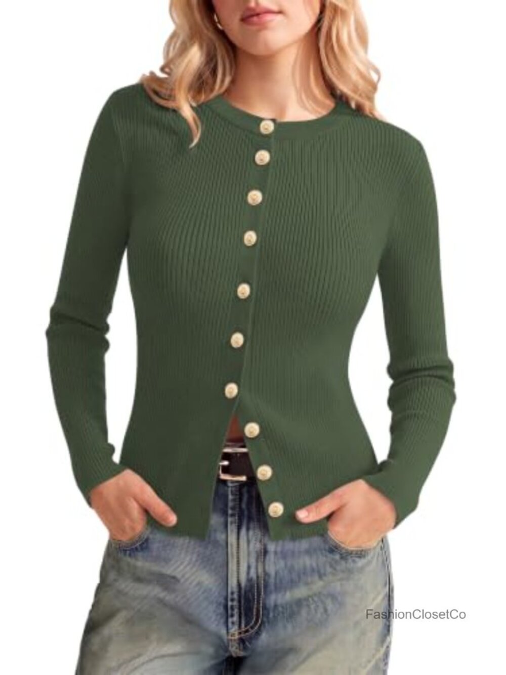 Ribbed Knit Button Down Cardigan Sweater Fitted Slim Fit Long Sleeve